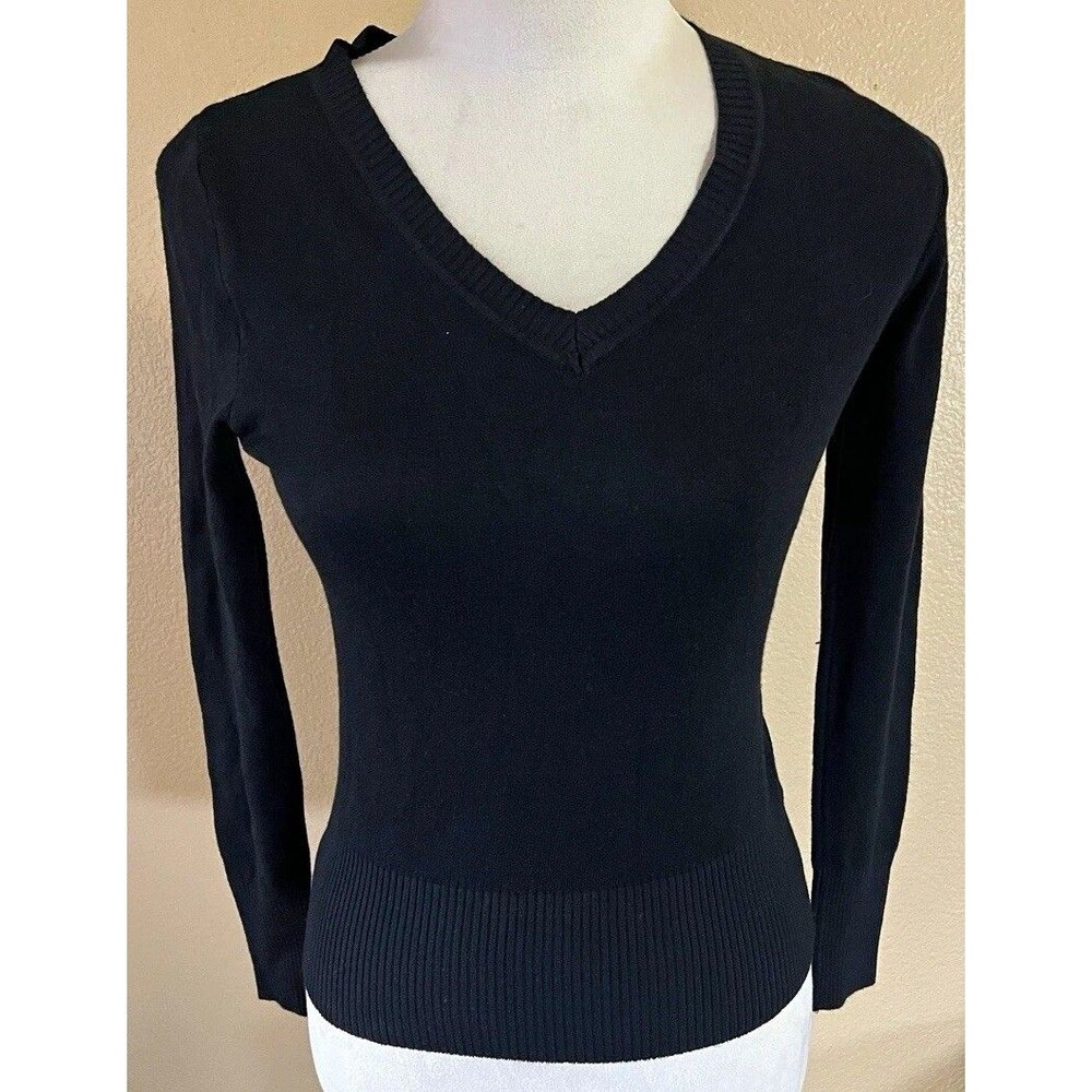 GeeGee Women's Black V-Neck Ribbed Knit Long Sleeve Slim Pullover Sweater S